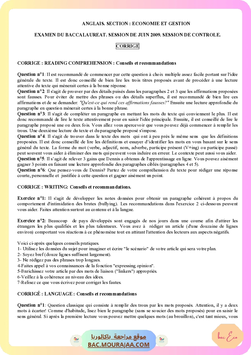 Corrigé controle anglais Bac 2009 – Section eco